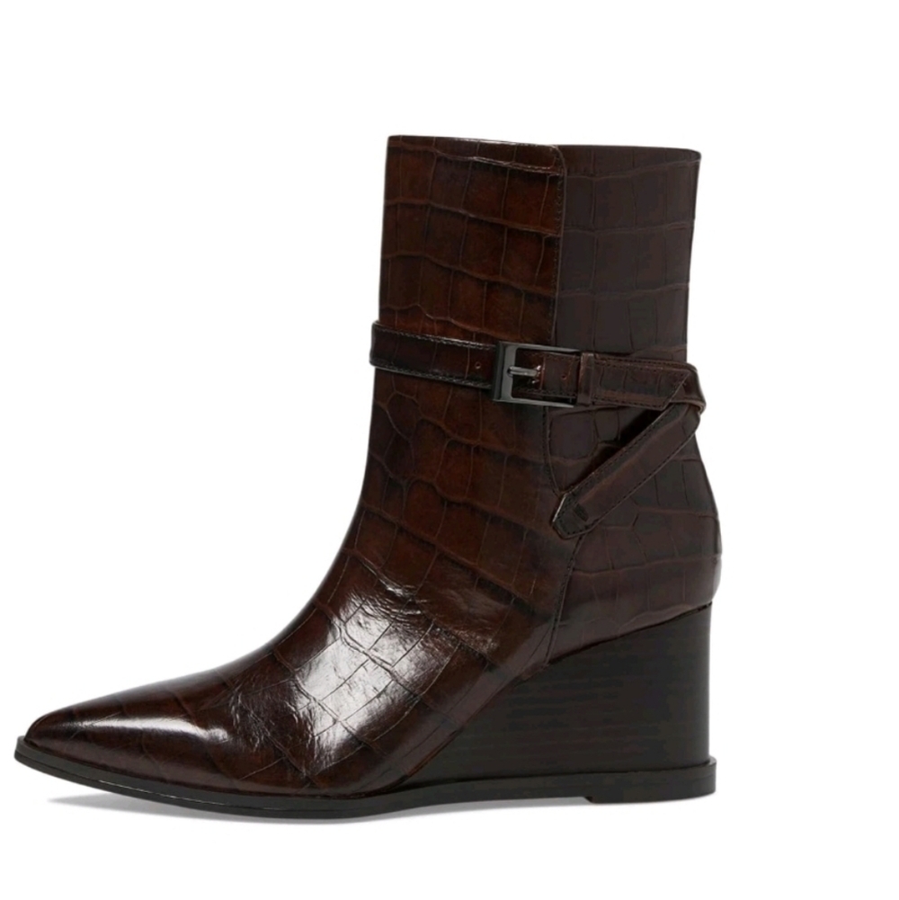 Sarto A-Emina Pointed Toe Wedge Brown Croc-Embossed Ankle Booties